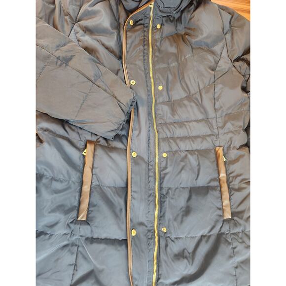 Cole Haan signature down feather puffer coat sz XL faux fur zip front navy brown - Picture 7 of 16